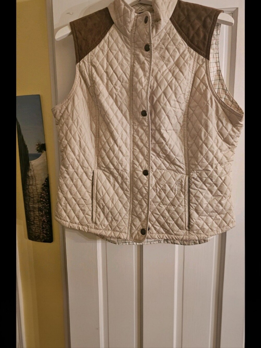 Barbour Bovington Quilted Gilet Vest Cream Tan Suede Trim Size US 10 / UK 14